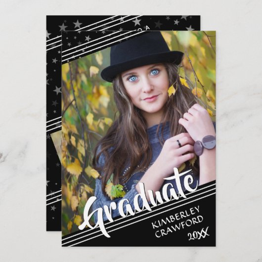 卒業生、ライン&スター | ブラック&ホワイト | 4枚の 招待状 (正面/裏面)