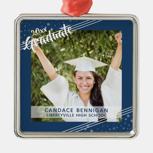 卒業生、編集可能な青、線&星形記念 メタルオーナメント (正面)