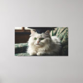 卒業用の帽子をかぶったふわふわした白猫 キャンバスプリント (正面)