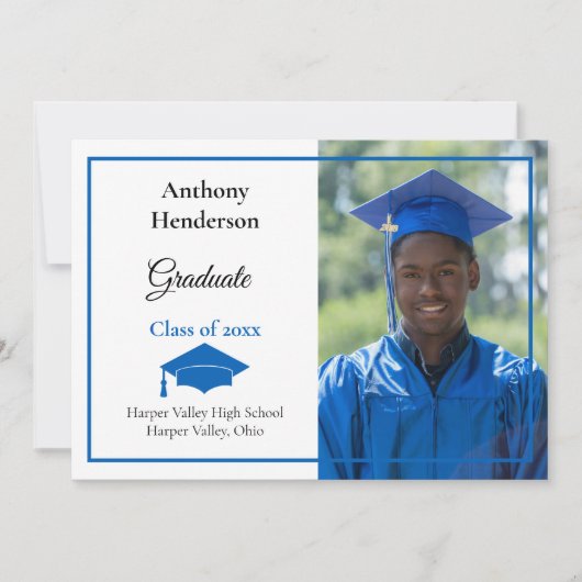 卒業発表の青い帽子と写真 招待状 (正面)