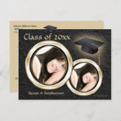 卒業発表はがき、黒と金ゴールド インビテーションポストカード (正面/裏面)