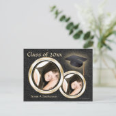 卒業発表はがき、黒と金ゴールド インビテーションポストカード (スタンド正面)