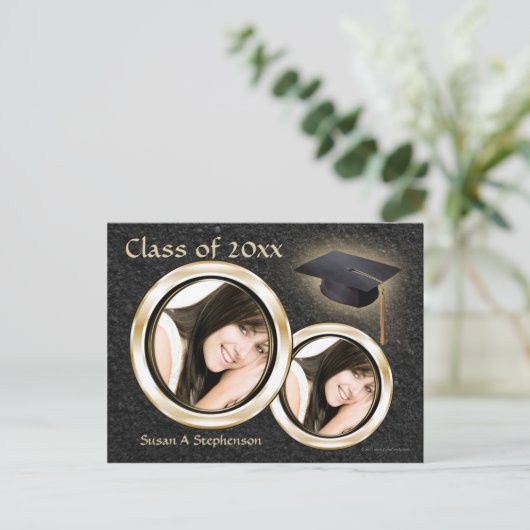 卒業発表はがき、黒と金ゴールド インビテーションポストカード (スタンド正面)