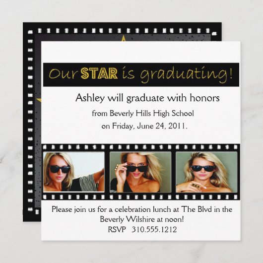 卒業発表ハリウッドスター金ゴールド 招待状 (正面/裏面)