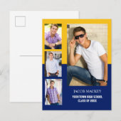 卒業発表フォトコラージュ 青とゴールド 4枚 案内ポストカード (正面/裏面)