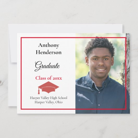卒業発表赤い帽子と写真 招待状 (正面)