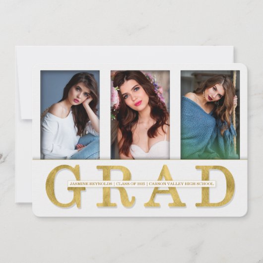 卒業発表金ゴールドフェイクリーフ3写真 招待状 (正面)