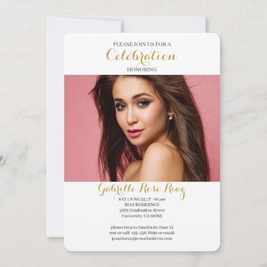 卒業発表金ゴールドフェイク縦写真 招待状 (裏面)