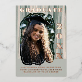 卒業発表1枚の写真セージ緑のベージュ 箔招待状