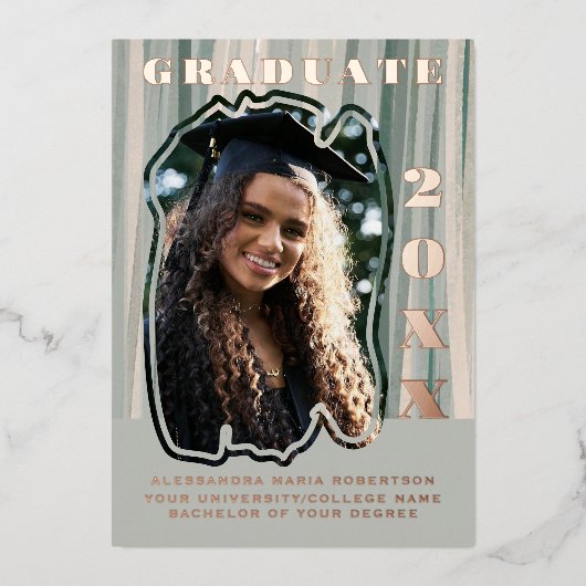 卒業発表1枚の写真セージ緑のベージュ 箔招待状 (正面)