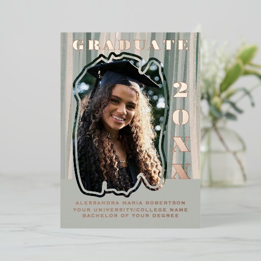 卒業発表1枚の写真セージ緑のベージュ 箔招待状 (立ち正面)