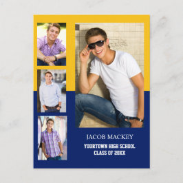 卒業発表4 Photo Collage Blue金ゴールド 案内ポストカード