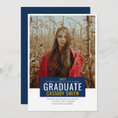 卒業発表、ネイビーブルーと金ゴールド 招待状 (正面/裏面)