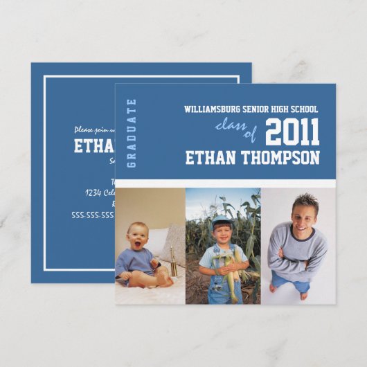 卒業発表（青色3枚） 招待状 (正面/裏面)