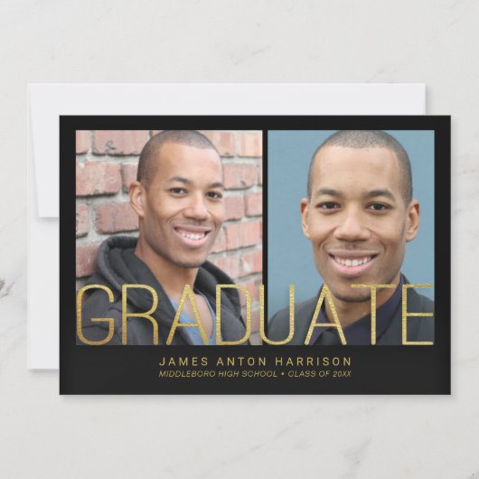 卒業発表- 2枚の写真と金ゴールド文字 招待状 (正面)