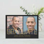 卒業発表- 2枚の写真と金ゴールド文字 招待状 (スタンド正面)