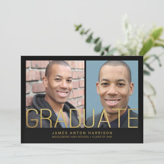 卒業発表- 2枚の写真と金ゴールド文字 招待状 (スタンド正面)