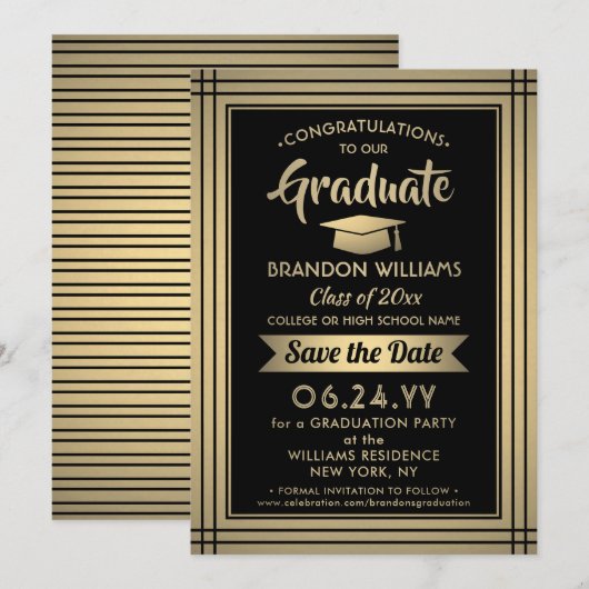 卒業祝いブラック&金ゴールドストライプズ セーブザデート (正面/裏面)