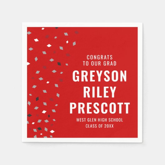 卒業紙吹雪パーソナライズされた赤い灰色 スタンダードカクテルナプキン (正面)