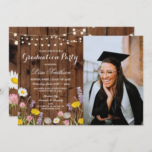 卒業素朴パーティー野生の花フローラ写真 招待状 (正面/裏面)