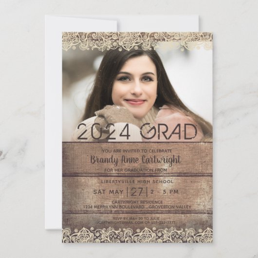 卒業素朴国の木材とレース2枚の写真 招待状 (正面)