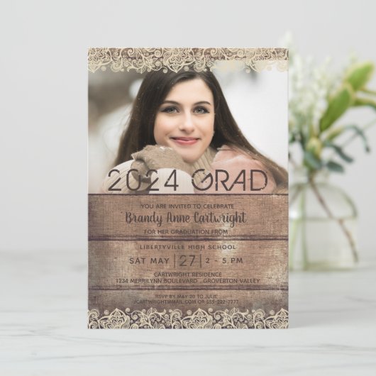 卒業素朴国の木材とレース2枚の写真 招待状 (スタンド正面)