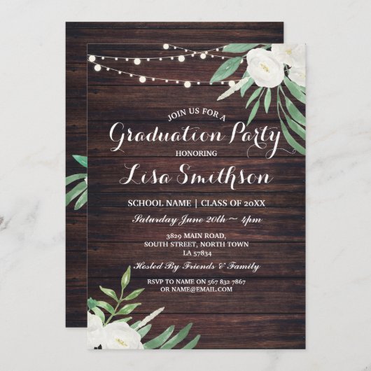 卒業素朴白い花ライトウッド招待状 招待状 (正面/裏面)