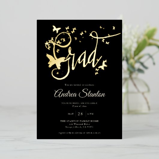 卒業蝶の卒業書道エレガント 箔招待状 (立ち正面)