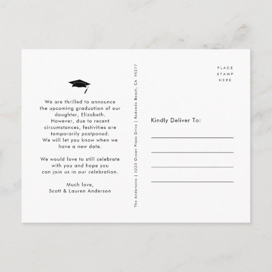 卒業計画の変更はっきりした黒タイポグラフィ インビテーションポストカード (裏面)