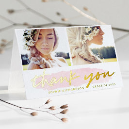 卒業記念の御礼に Blush and Gold 二枚の写真入り 箔グリーティングカード
