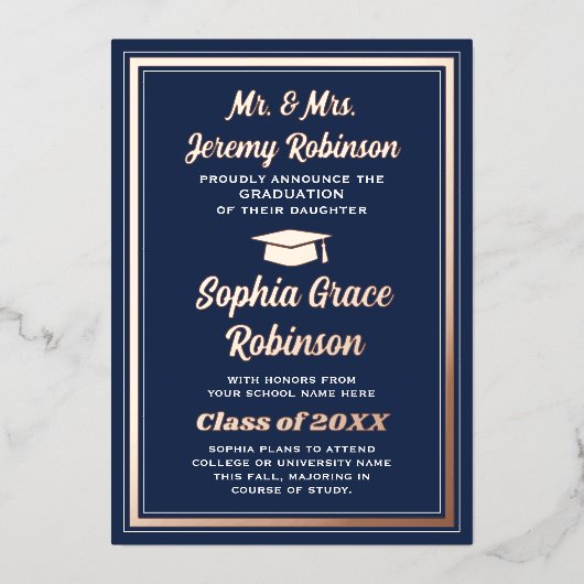 卒業記念写真ネイビー&フォイル卒業発表 箔招待状 (正面)
