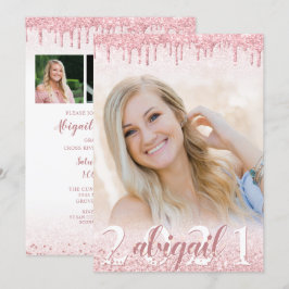 卒業記念 ローズゴールド グリッター ドリップ スパークル 4 フォト 招待状