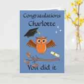 卒業証書おめでとうフクロウのカード カード (黄色い花)