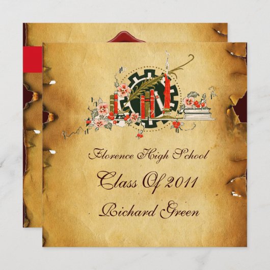 卒業証書のパーチメント 赤いワックスシール モノグラム 招待状 (正面/裏面)