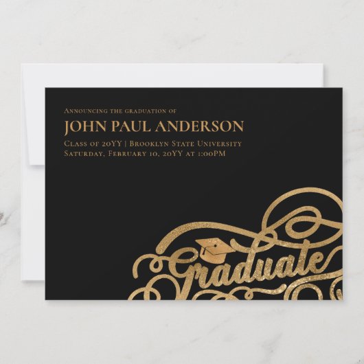 卒業証書卒業グラッドキャップブラック金ゴールド 案内状 (正面)