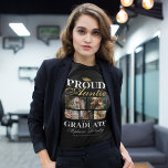 卒業誇りを持ったTシャツの叔母 Tシャツ<br><div class="desc">卒業式ブラック&金ゴールドTシャツは卒業生のモタルボード、姪や甥の写真5枚、ことわざ誇りを持った「卒業生の叔母」、その名前、勉強の場所、学年。</div>