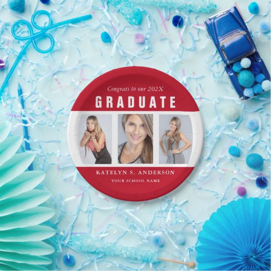 卒業赤と白写真コラージュカスタム ペーパープレート (パーティー)