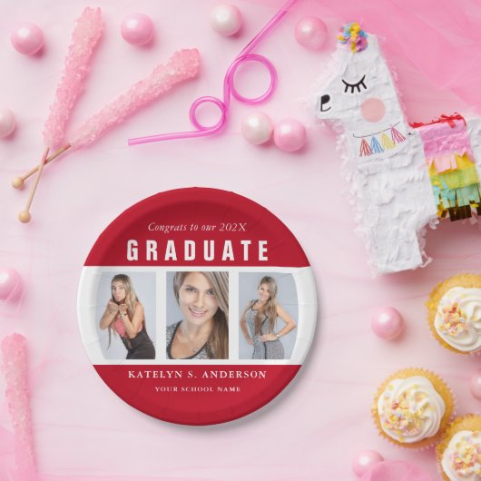 卒業赤と白写真コラージュカスタム ペーパープレート (パーティー)