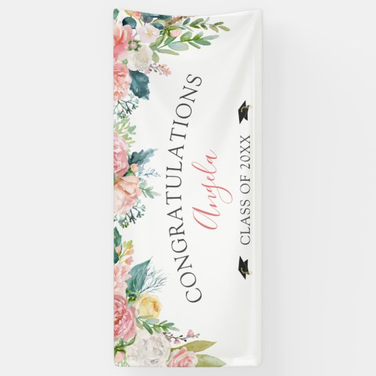 卒業赤面ピンクフローラスクリプトパーソナライズされた 横断幕 (縦)