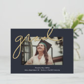 卒業金ゴールドで手書きネイビー写真卒業 案内状 (スタンド正面)