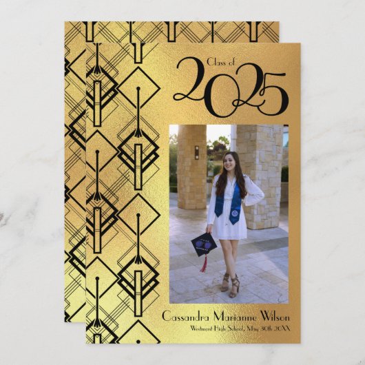 卒業金ゴールドアールデコブラックアナウンス 招待状 (正面/裏面)