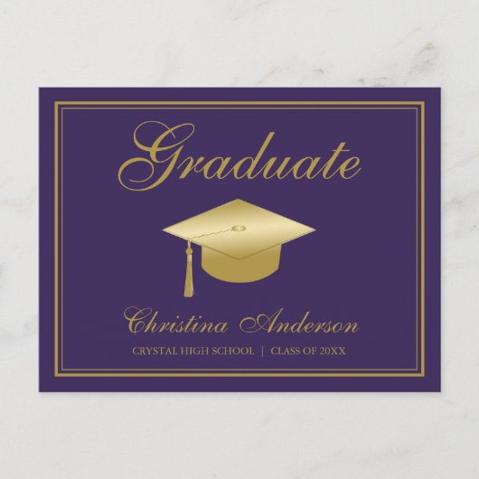 卒業金ゴールドグラッドキャップ&紫パーティー上のスクリプト インビテーションポストカード (正面)