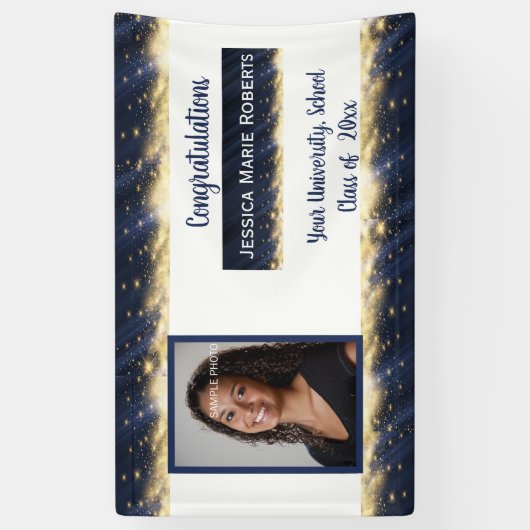卒業金ゴールドグリッターオンブルーカスタムフォト 横断幕 (縦)