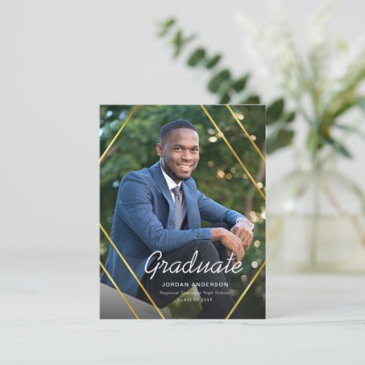 卒業金ゴールド幾何学模様の写真の発表 招待状 (スタンド正面)