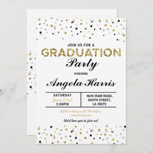 卒業金ゴールド招待状パーティー水玉模様星 招待状 (正面/裏面)