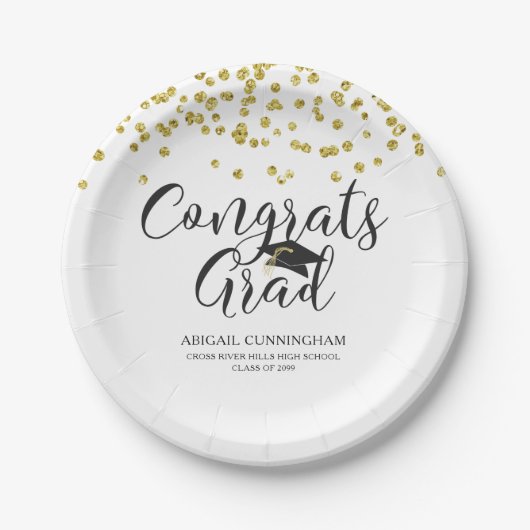 卒業金ゴールド紙吹雪おめでとう卒業パーソナライズ ペーパープレート (正面)