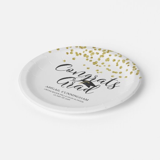 卒業金ゴールド紙吹雪おめでとう卒業パーソナライズ ペーパープレート (アングル)