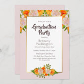 卒業金ゴールド赤面ピンクオレンジフローラパーティー 招待状 (正面/裏面)