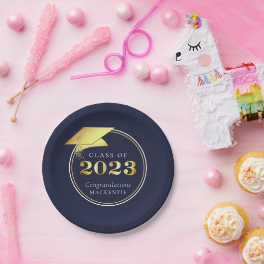 卒業金ゴールド2023ネイビーブルーまたはカスタムカラー ペーパープレート (パーティー)