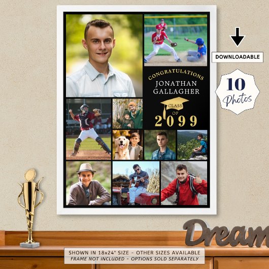 卒業10フォトコラージュおめでとうブラック金ゴールド ポスター